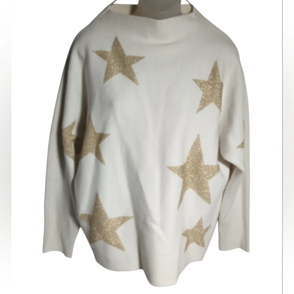Sioni Star Print Crewneck Sweater Ivory Beige Knit Pullover Cozy Top